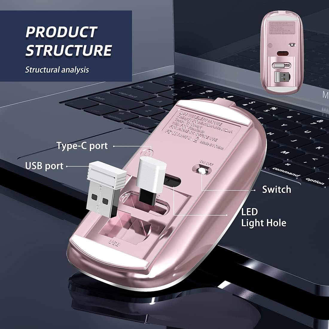 Silent Wireless Mouse | USB-C & USB-A Dual Receiver(Rose Gold)