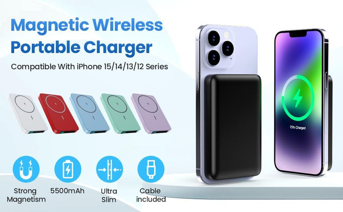 Magnetic Portable Charger Power Bank,Slim 5500Mah LCD Display Wireless Portable Charger,Pd USB-C In&Out Travel Essentials Battery Pack Compatible with Magsafe,Iphone 17/16/15 Pro/14/13/12 Series