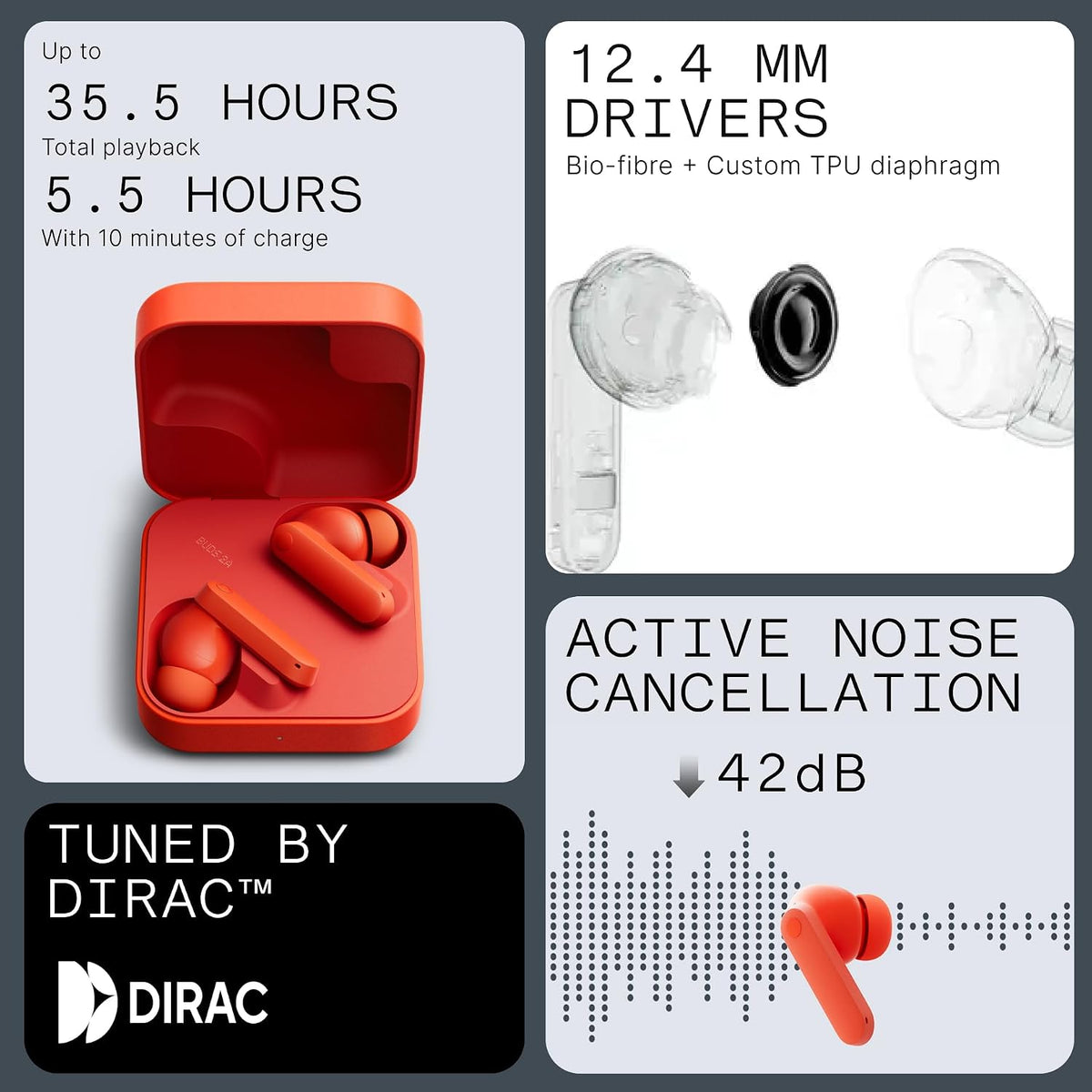 CMF Buds 2A Wireless Earbuds Active Noise Cancelling 42Db Hybrid ANC Bluetooth Headphones, 12.4Mm Dynamic Driver for Big Bass, 4 Mics Clear Calls, Sport Ear Buds for Iphone, Android, Orange