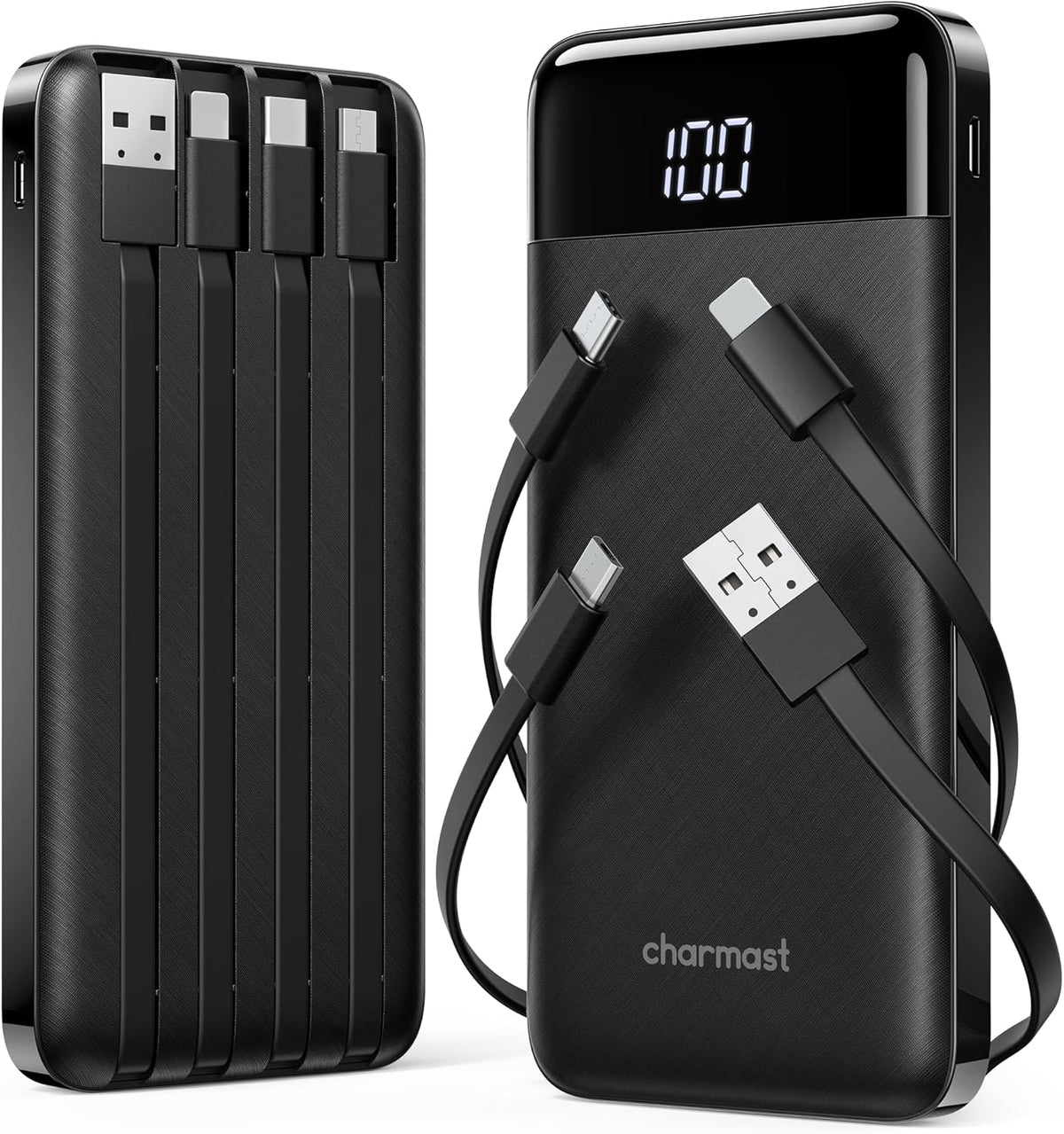 2 Pack Portable Charger, 10000Mah Power Bank Built-In Cables