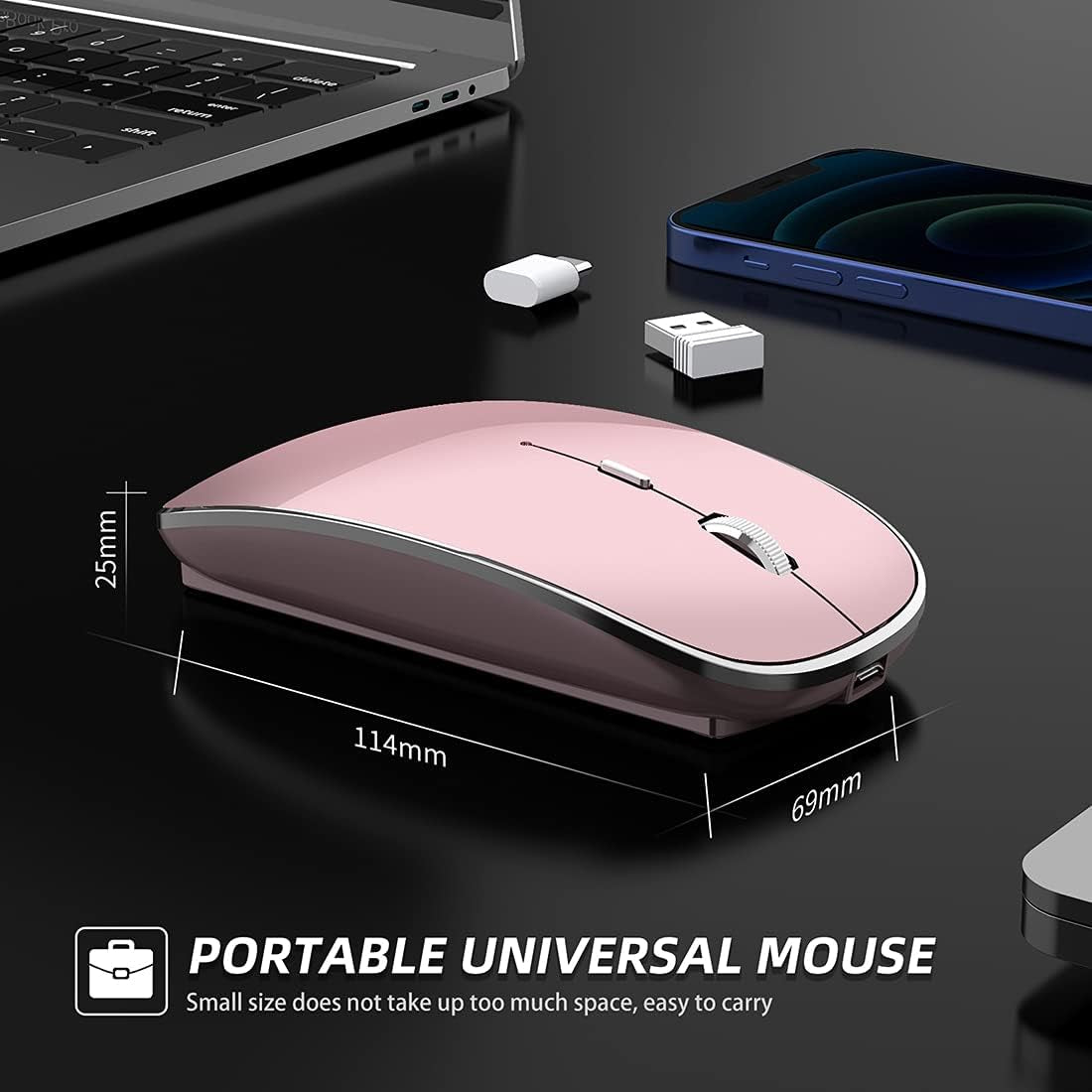 Silent Wireless Mouse | USB-C & USB-A Dual Receiver(Rose Gold)