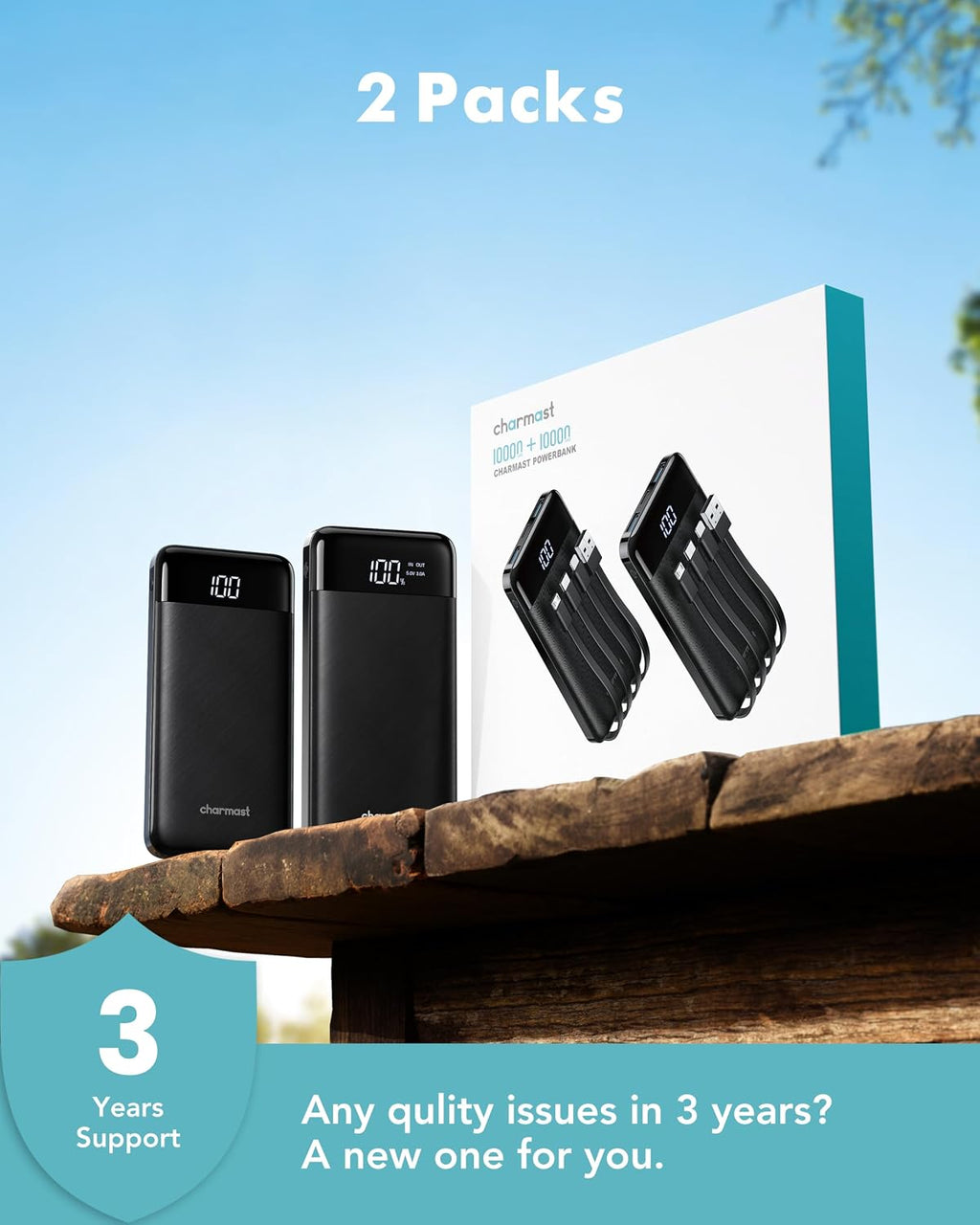 2 Pack Portable Charger, 10000Mah Power Bank Built-In Cables