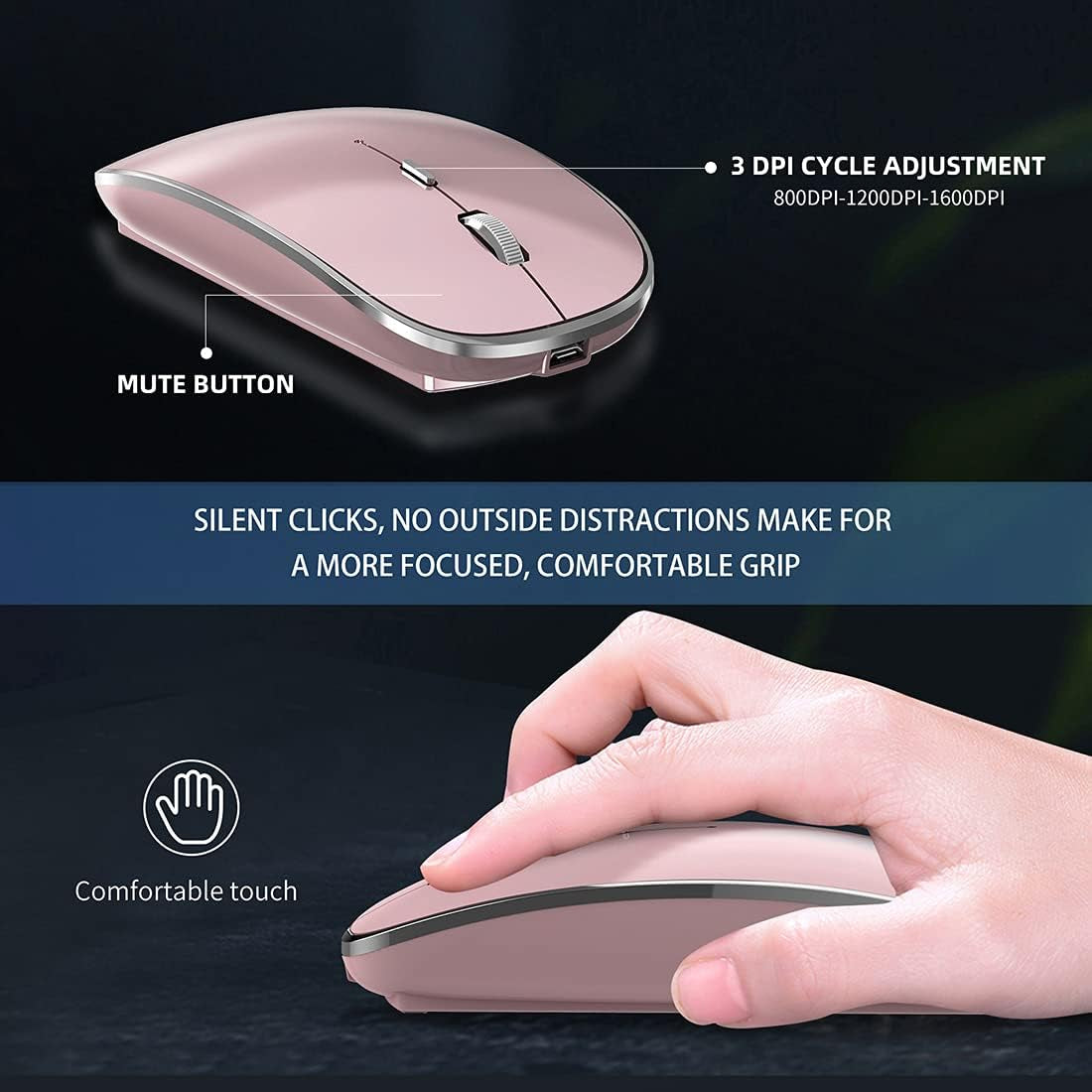 Silent Wireless Mouse | USB-C & USB-A Dual Receiver(Rose Gold)